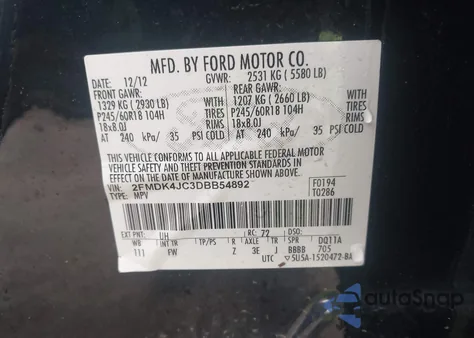 2013 Ford Edge Sel из США, поврежденный, VIN 2FMDK4JC3DBB54892